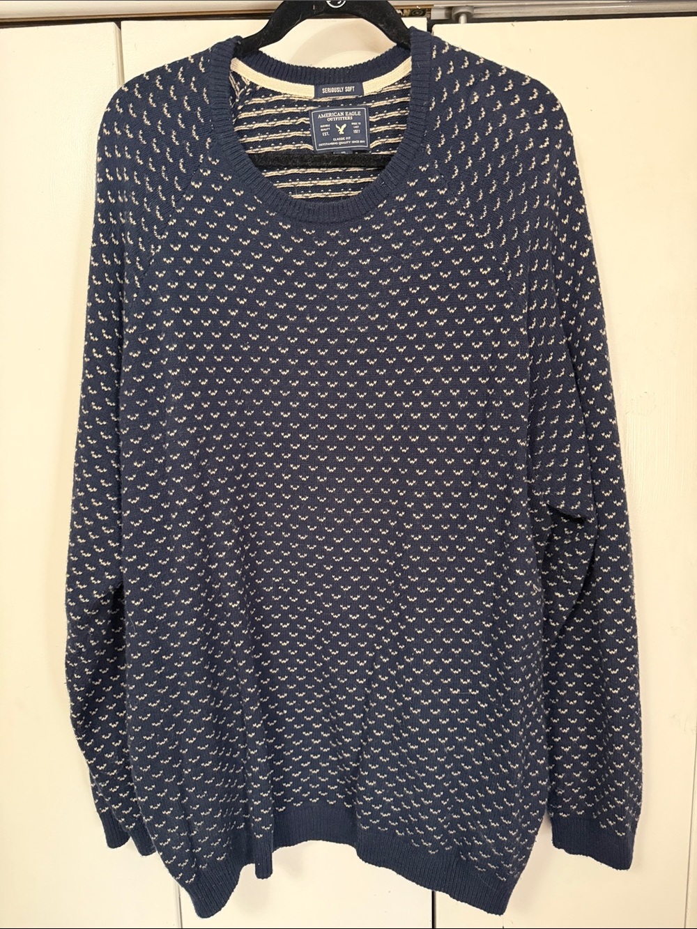 American Eagle Outfitters Navy Crewneck Sweater with Cream Motif